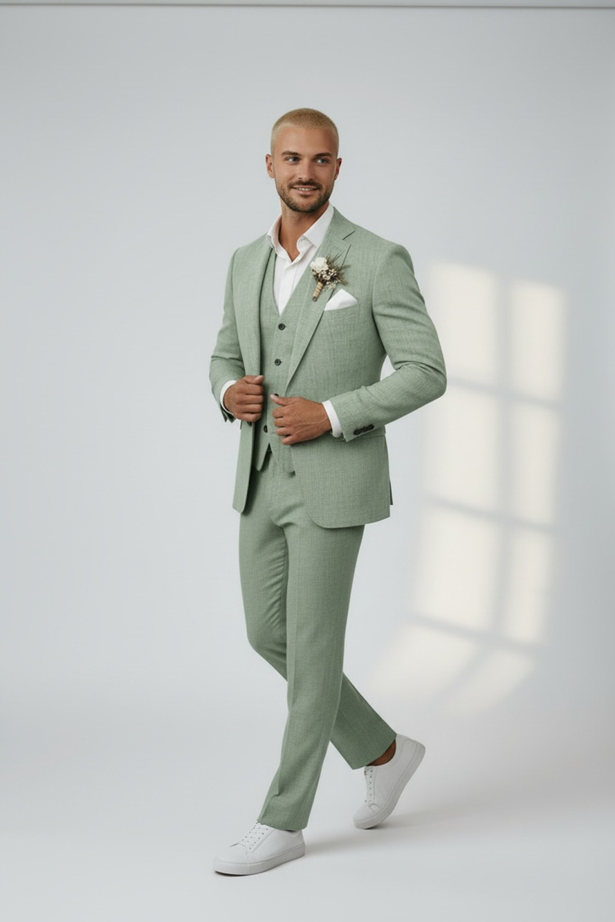 Men's 3-Piece Linen Suit Light Green Slim Fit